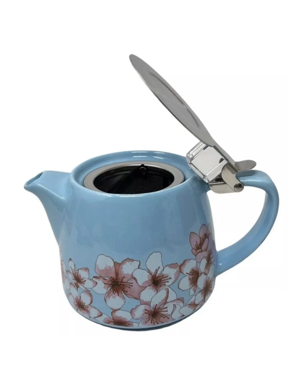 Alfred Blue Ceramic Teapot with Pink Floral Motif